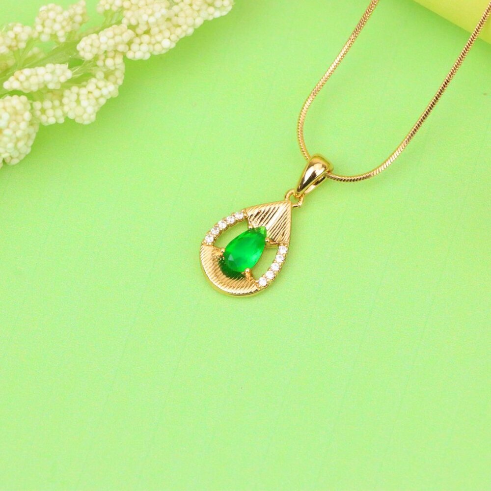 "Teardrop Green Pendant with Sparkling Accents in Gold Finish, XPPT1689 - Picture 2 of 13